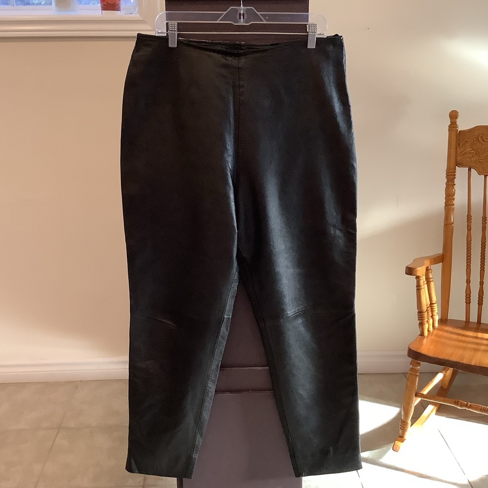 Vintage 90s Harvé Bernard Black Leather Pants High Rise Straight Leg Size 14